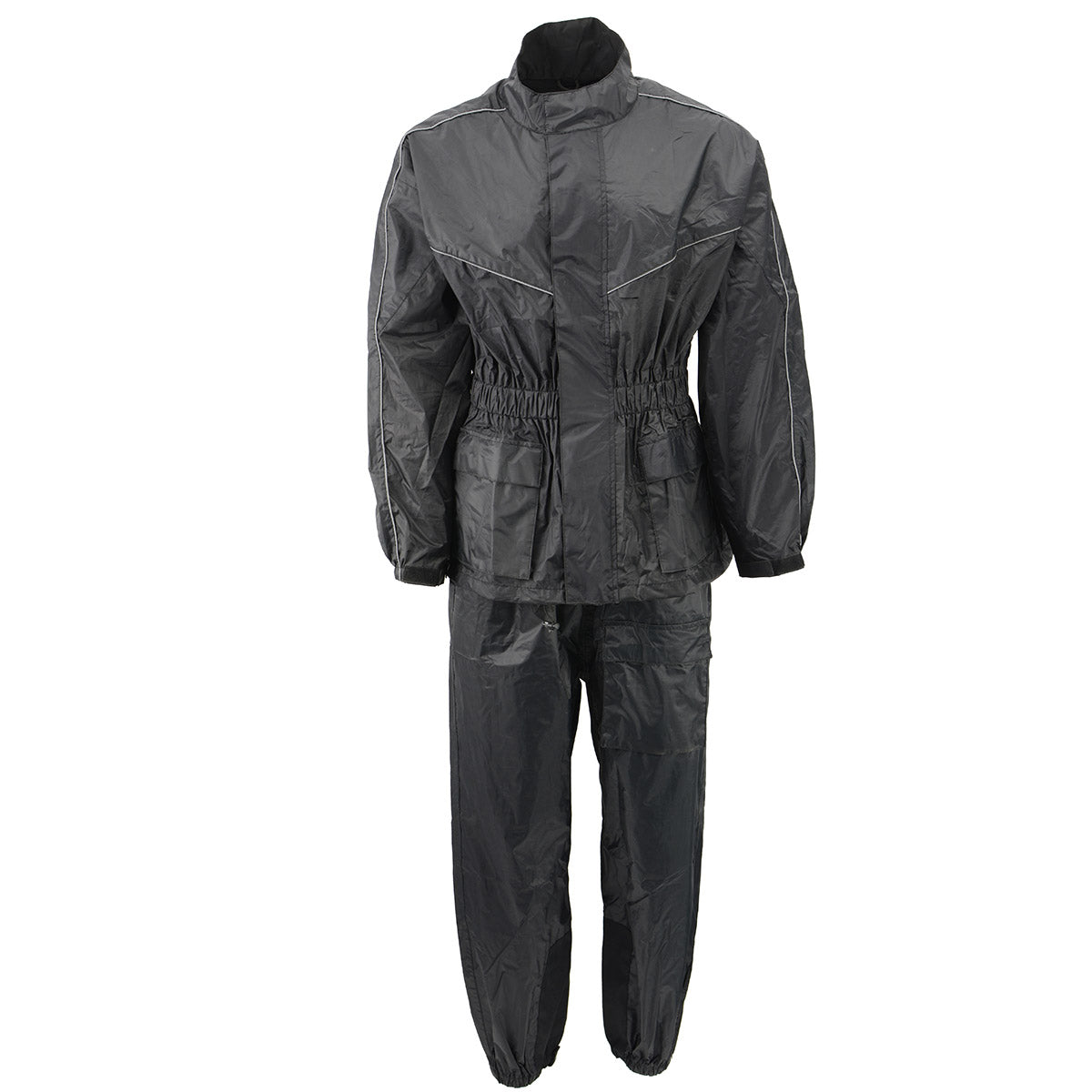 Milwaukee Leather NexGen Ladies XS5001 black waterproof rain suit with reflective piping, front view, designed for rain protection.