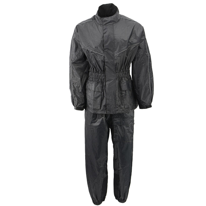 Milwaukee Leather NexGen Ladies XS5001 black waterproof rain suit with reflective piping, front view, designed for rain protection.