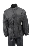 Milwaukee Leather NexGen Ladies XS5001 black waterproof rain suit with reflective piping, designed for outdoor protection.