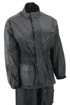 Milwaukee Leather NexGen Ladies XS5001 black waterproof rain suit with reflective piping, shown on a mannequin.