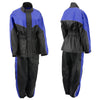 Milwaukee Leather NexGen Ladies XS5001 black and blue waterproof rain suit with reflective piping, shown on a hanger.