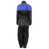 Milwaukee Leather NexGen Ladies XS5001 black and blue waterproof rain suit with reflective piping, shown from the back view.