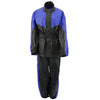 Milwaukee Leather NexGen Ladies XS5001 black and blue waterproof rain suit with reflective piping, front view.