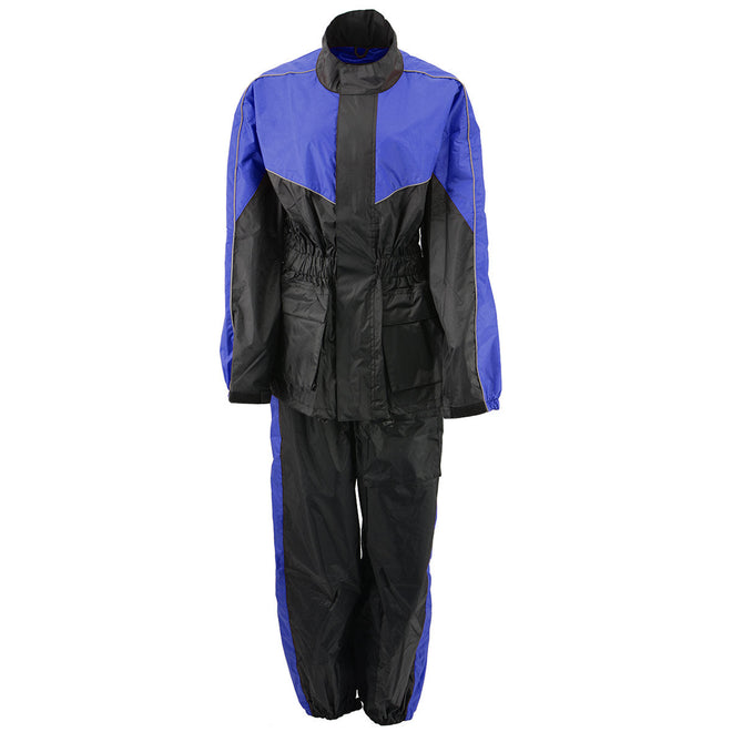 Milwaukee Leather NexGen Ladies XS5001 black and blue waterproof rain suit with reflective piping, front view.