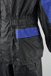 Milwaukee Leather NexGen Ladies XS5001 waterproof rain suit in black and blue with reflective piping, shown zoomed-in.