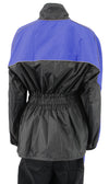 Milwaukee Leather NexGen Ladies XS5001 black and blue waterproof rain suit with reflective piping, shown on a hanger.