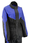 Milwaukee Leather NexGen Ladies XS5001 black and blue waterproof rain suit with reflective piping, shown in zoomed view.