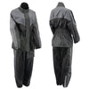 Milwaukee Leather NexGen Ladies XS5001 black and grey waterproof rain suit with reflective piping, shown on a hanger.
