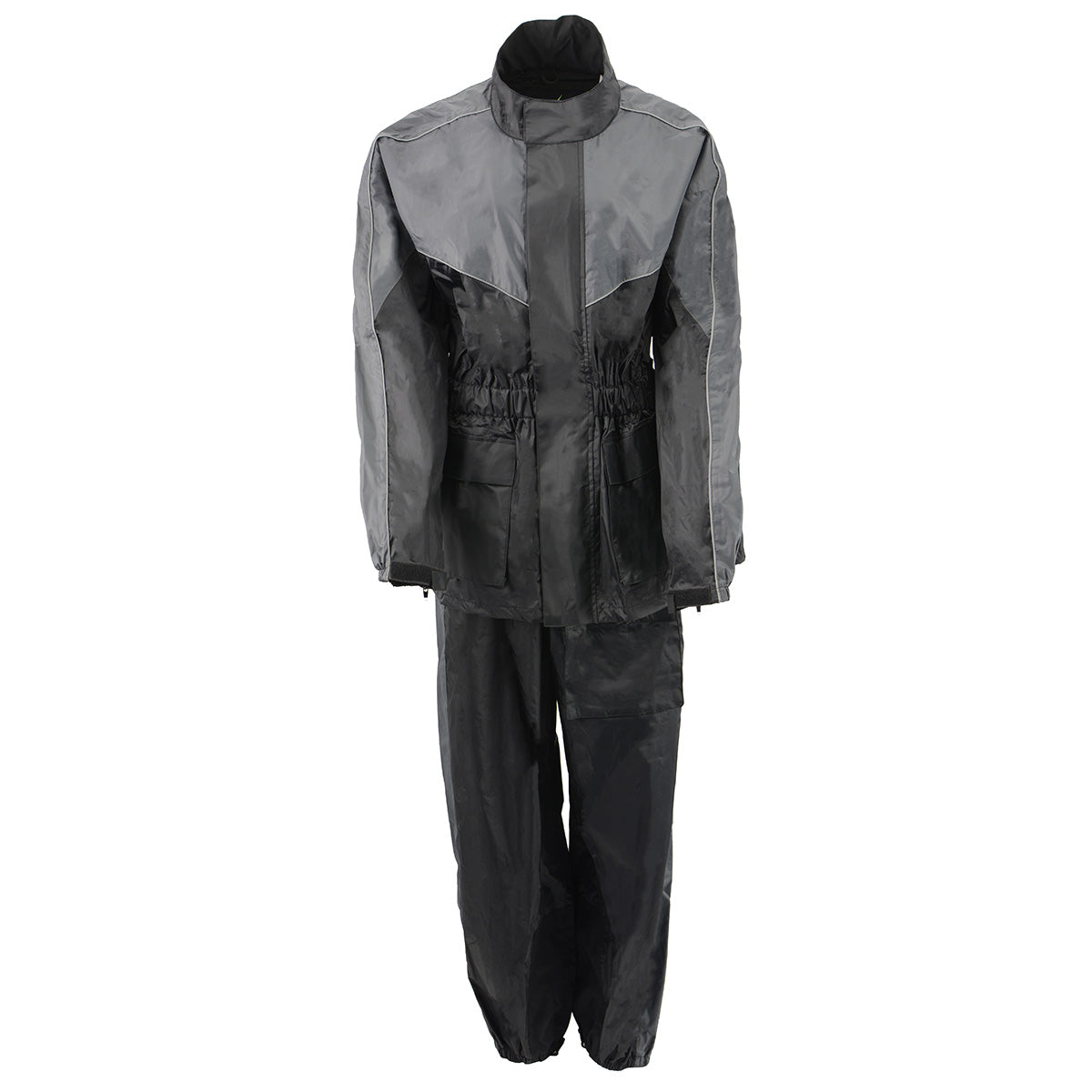 Milwaukee Leather NexGen Ladies XS5001 black and grey waterproof rain suit with reflective piping, front view.