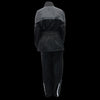 Milwaukee Leather NexGen Ladies XS5001 black and grey waterproof rain suit with reflective piping, shown on a hanger.