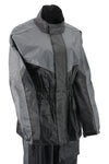 Milwaukee Leather women's XS5001 black and grey waterproof rain suit with reflective piping, shown in a close-up image.