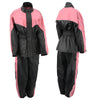 Milwaukee Leather NexGen Ladies XS5001 black and pink waterproof rain suit with reflective piping, designed for outdoor protection.
