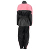 Milwaukee Leather NexGen Ladies XS5001 black and pink waterproof rain suit with reflective piping, shown from the back.