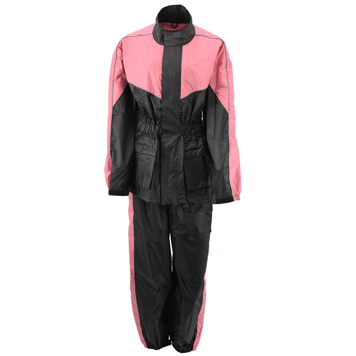 Milwaukee Leather NexGen Ladies XS5001 black and pink waterproof rain suit with reflective piping, front view.