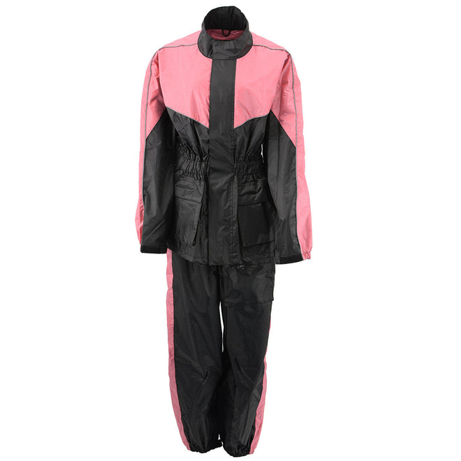 Milwaukee Leather NexGen Ladies XS5001 black and pink waterproof rain suit with reflective piping, front view.