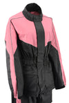 Milwaukee Leather NexGen Ladies XS5001 black and pink waterproof rain suit with reflective piping, shown in close-up detail.