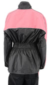 Milwaukee Leather NexGen Ladies XS5001 black and pink waterproof rain suit with reflective piping, shown in close-up detail.