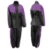 Milwaukee Leather NexGen Ladies XS5001 black and purple waterproof rain suit with reflective piping, suitable for wet weather.