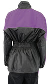 Milwaukee Leather NexGen Ladies XS5001 black and purple waterproof rain suit with reflective piping, shown in a close-up view.