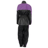 Milwaukee Leather NexGen Ladies XS5001 waterproof rain suit in black and purple with reflective piping, shown from the back.
