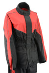Milwaukee Leather NexGen Ladies XS5001 black and red waterproof rain suit with reflective piping, shown in close-up view.