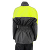 Milwaukee Leather NexGen Ladies XS5001 waterproof rain suit in black and Hi-Vis yellow with reflective piping, shown from back view.