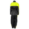 Milwaukee Leather NexGen Ladies XS5001 waterproof rain suit in black and hi-vis yellow with reflective piping, shown from the back.