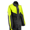 Milwaukee Leather NexGen Ladies XS5001 black and hi-vis yellow waterproof rain suit with reflective piping, front view.