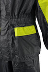 Milwaukee Leather NexGen Ladies XS5001 black and hi-vis yellow waterproof rain suit with reflective piping and pocket detail.