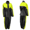 Milwaukee Leather NexGen Ladies XS5001 black and yellow waterproof rain suit with reflective piping, shown from the side.
