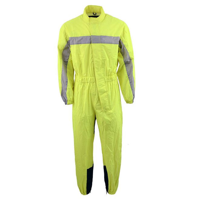 Milwaukee Leather XS5004 yellow waterproof rain suit with reflective panels, designed for men’s high-visibility rain protection.