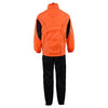 Milwaukee Leather NexGen men's orange and black waterproof rain suit with reflective piping, view of the back showing hood and waterproof fabric.