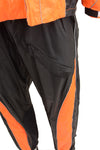 Milwaukee Leather NexGen men's orange and black waterproof rain suit with hood and reflective piping, designed for high visibility.