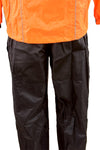 Milwaukee Leather NexGen men's XS5020 orange and black waterproof rain suit with hood, reflective piping, designed for high visibility.