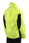 Milwaukee Leather NexGen men's neon green hi-viz waterproof rain suit with hood, back view showing durable material and reflective details.