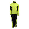 Milwaukee Leather NexGen men's XS5021 neon green hi-viz waterproof rain suit with hood, front view, designed for visibility and protection.