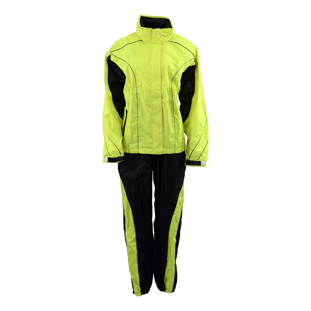 Milwaukee Leather NexGen men's XS5021 neon green hi-viz waterproof rain suit with hood, front view, designed for visibility and protection.