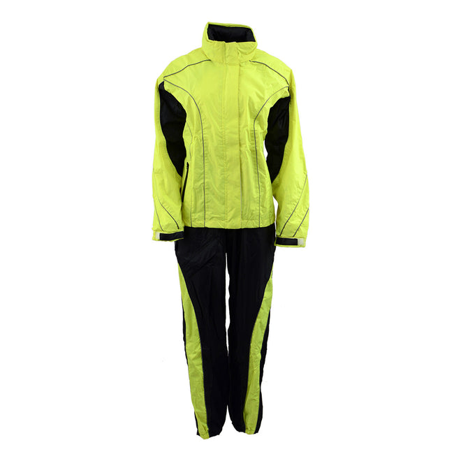 Milwaukee Leather NexGen men's XS5021 neon green hi-viz waterproof rain suit with hood, front view, designed for visibility and protection.