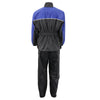 Milwaukee Leather NexGen Ladies XS5031 blue and black waterproof rain suit with cinch sides, shown from the back.