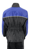 Milwaukee Leather NexGen Ladies XS5031 waterproof rain suit in blue and black with cinch sides, shown in zoomed view.