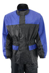Milwaukee Leather NexGen Ladies XS5031 waterproof rain suit in blue and black with cinch sides, designed for women.