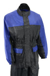 Milwaukee Leather NexGen Ladies XS5031 blue and black waterproof rain suit with cinch sides, shown in a close-up view.