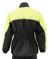 Milwaukee Leather NexGen ladies yellow and black waterproof rain suit with cinch sides, high-visibility hi-viz rain gear.