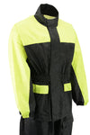 Milwaukee Leather NexGen Ladies XS5031 yellow and black hi-viz waterproof rain suit with cinch sides, displayed on a hanger.