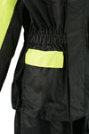 Milwaukee Leather NexGen Ladies XS5031 yellow and black waterproof rain suit with cinch sides, designed for visibility and protection.