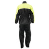 Milwaukee Leather NexGen Ladies XS5031 yellow and black hi-viz waterproof rain suit with cinch sides, shown from the back.