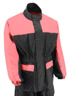 Milwaukee Leather NexGen Ladies pink and black waterproof rain suit with cinch sides, designed for women, casual outdoor wear.