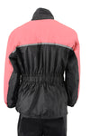 Milwaukee Leather NexGen Ladies pink and black waterproof rain suit with cinch sides, lightweight and protective for wet weather.