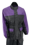 Milwaukee Leather NexGen Ladies XS5031 waterproof rain suit in purple and black with cinch sides, designed for women.