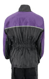 Milwaukee Leather NexGen Ladies XS5031 purple and black waterproof rain suit with cinch sides, designed for rain protection.